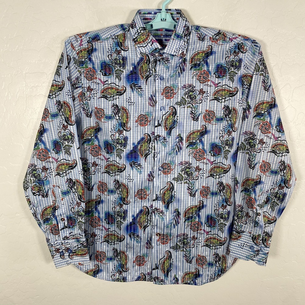 Visconti Black Shirt Mens Small Blue Button Up Long Sleeve Paisley Floral Casual